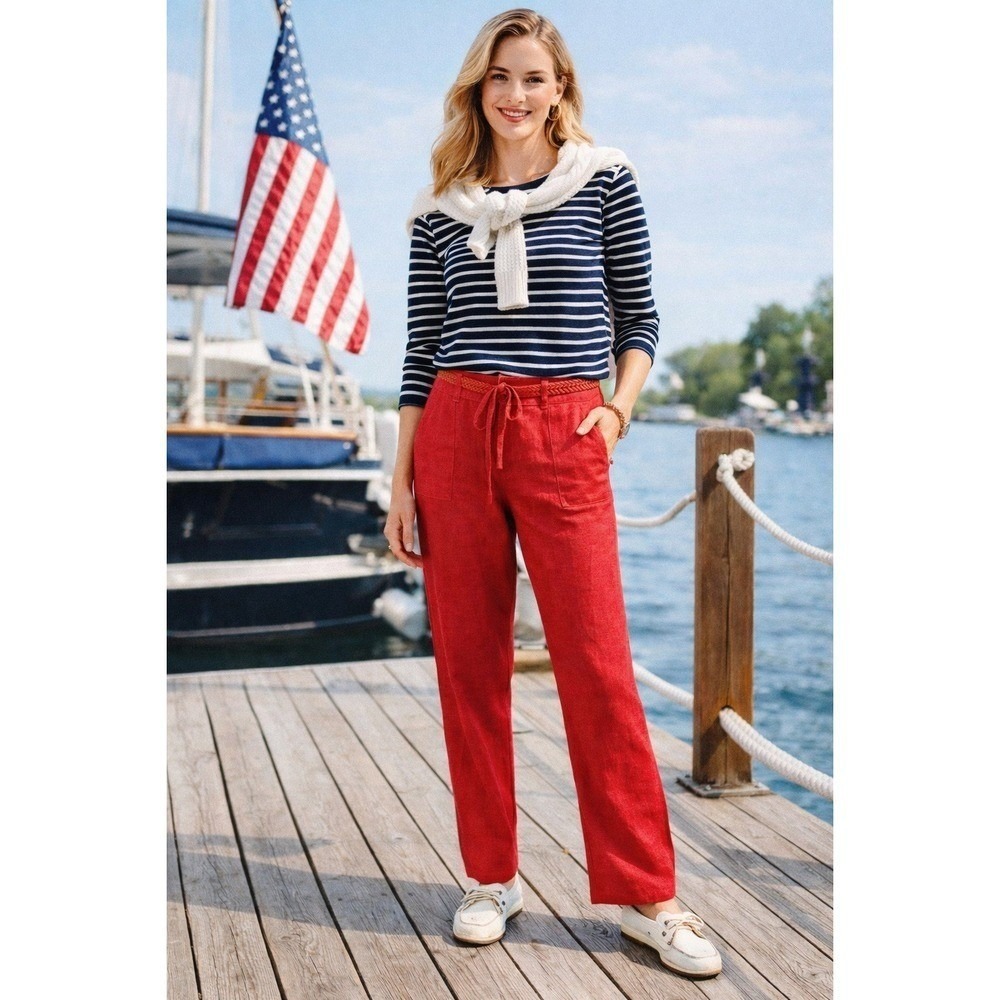 Nana USA‎ Red Linen Blend Pants L Straight Nautical Coastal Lightweight July 4th